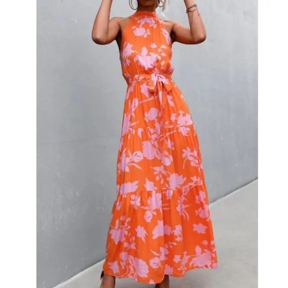 Boho pink  floral print belted halter maxi dress - Picture 8 of 14